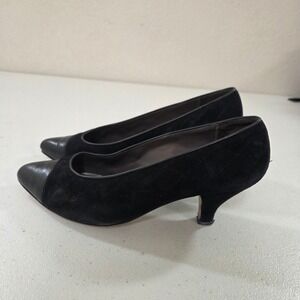 Van Eli Black Suede Quilted Kitten Heel Pumps Made in Italy Size 8.5 Pointed Toe